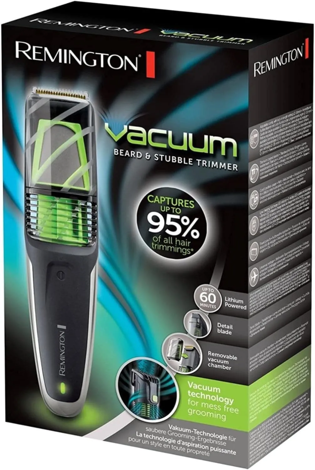 Remington Vacuum Beard and Stubble Trimmer - Titanium Blades, Lithium Power, Vacuum Chamber, Detail Blade with Comb Attachment, Travel Pouch, 60-Minute Runtime, Cordless – MB6850