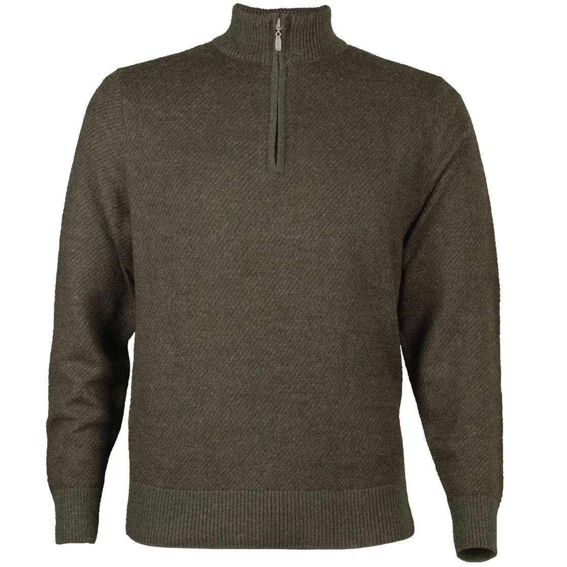 Royal Alpaca Diagonal Jacquard Half-Zip Lightweight Sweater in Hunter Green and Chocolate Heather by Peru Unlimited