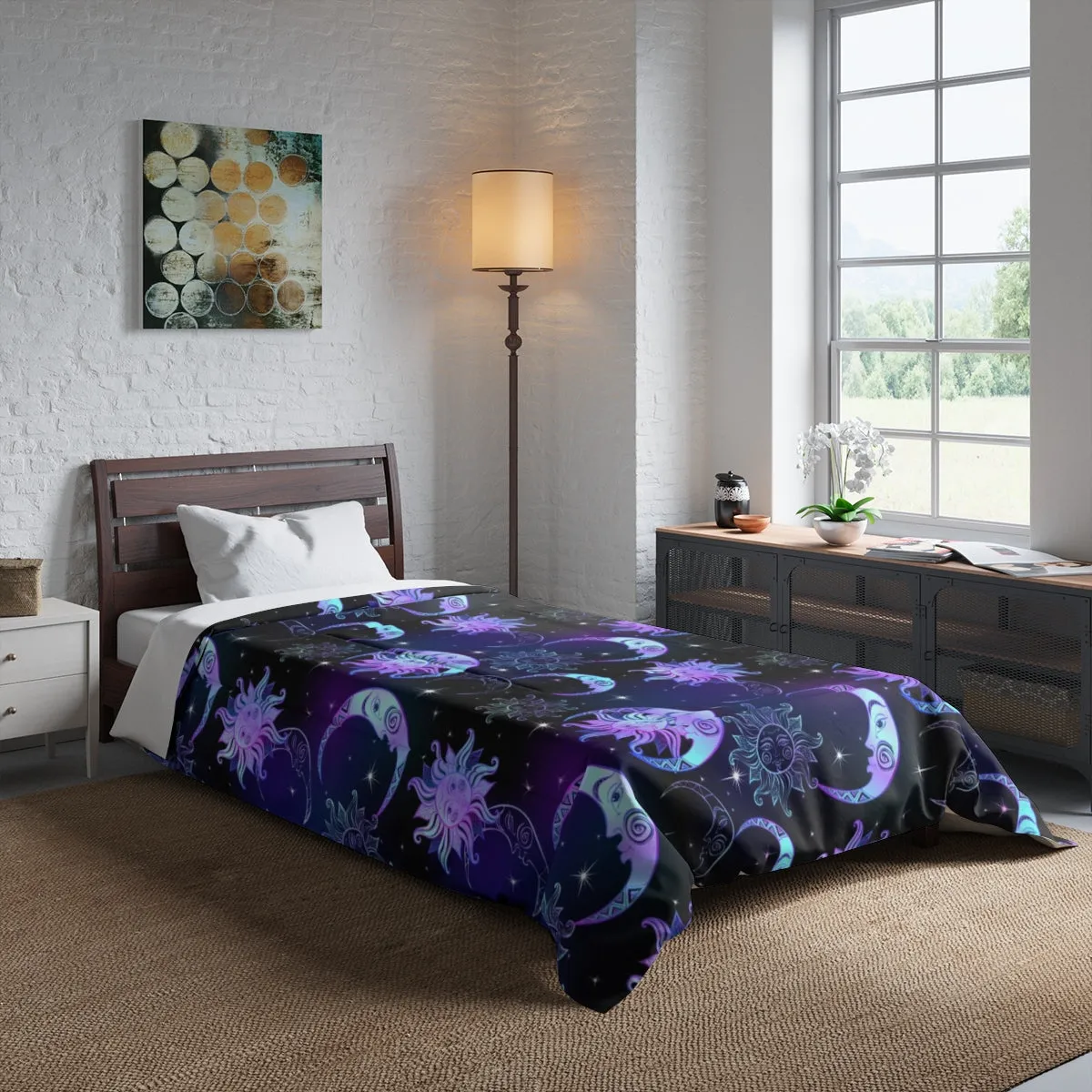 Sun Moon Stars Bed Comforter, Purple Night Time, Crescent Moon Celestial Art Astrology Night Sky King Queen Twin Single Bedding Bedroom