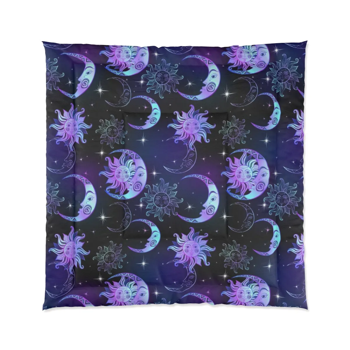 Sun Moon Stars Bed Comforter, Purple Night Time, Crescent Moon Celestial Art Astrology Night Sky King Queen Twin Single Bedding Bedroom