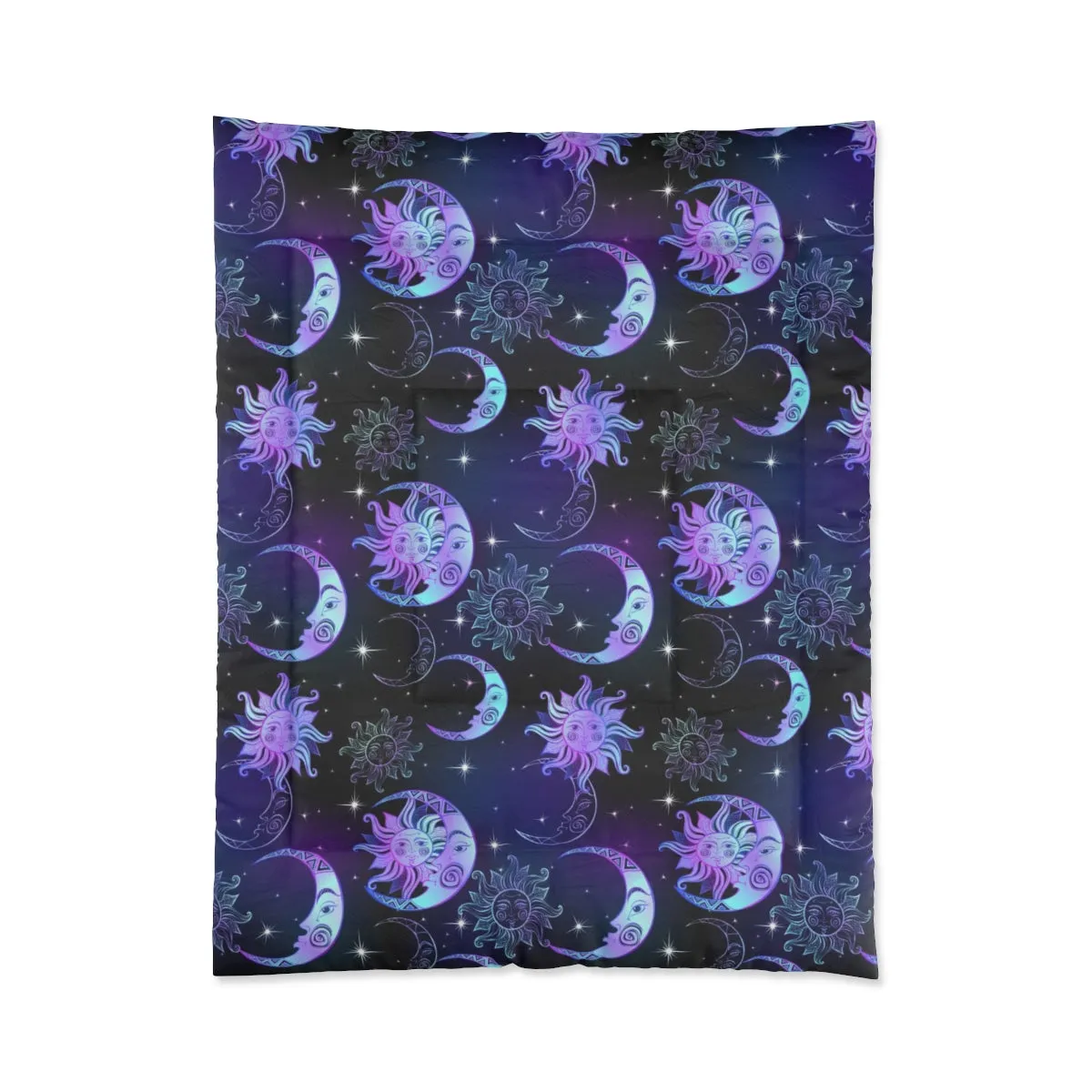 Sun Moon Stars Bed Comforter, Purple Night Time, Crescent Moon Celestial Art Astrology Night Sky King Queen Twin Single Bedding Bedroom