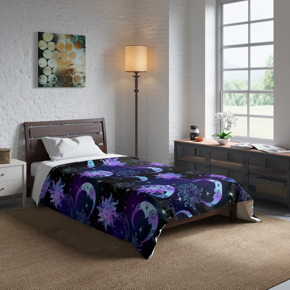 Sun Moon Stars Bed Comforter, Purple Night Time, Crescent Moon Celestial Art Astrology Night Sky King Queen Twin Single Bedding Bedroom