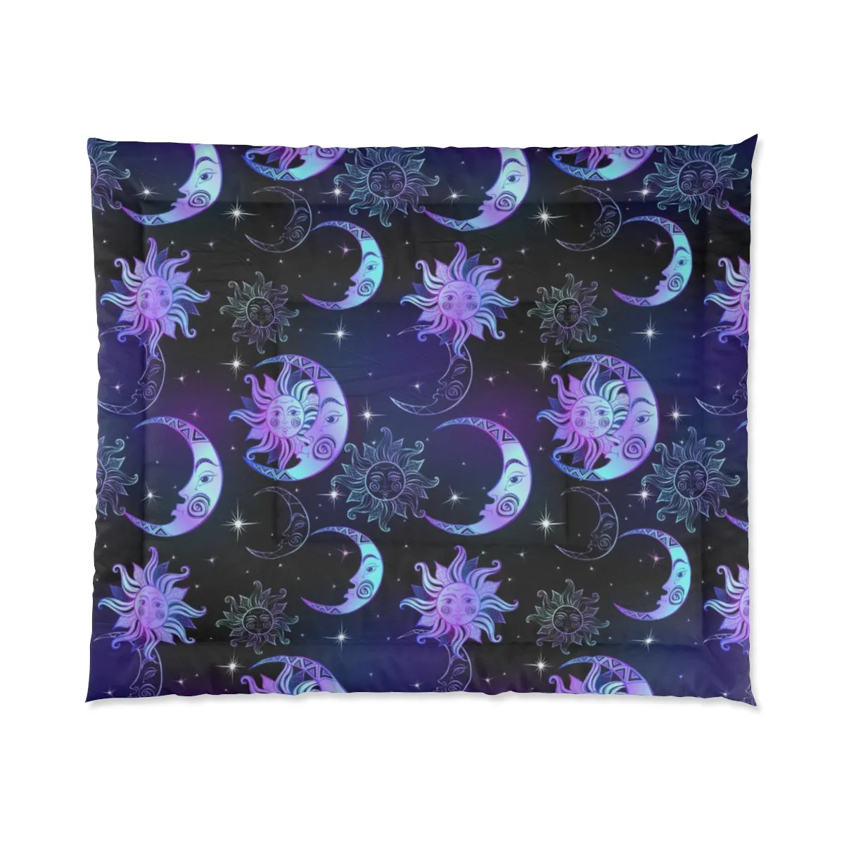 Sun Moon Stars Bed Comforter, Purple Night Time, Crescent Moon Celestial Art Astrology Night Sky King Queen Twin Single Bedding Bedroom