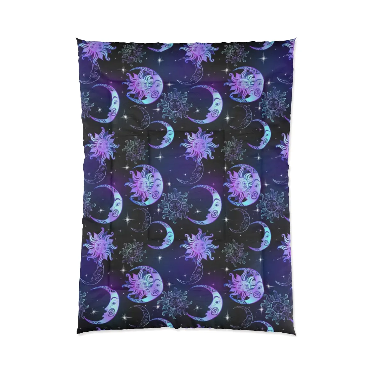 Sun Moon Stars Bed Comforter, Purple Night Time, Crescent Moon Celestial Art Astrology Night Sky King Queen Twin Single Bedding Bedroom