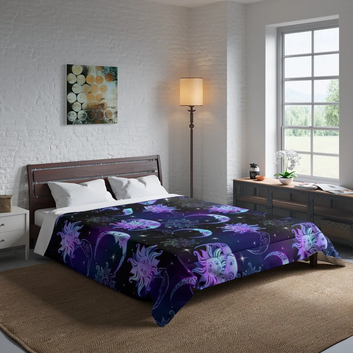 Sun Moon Stars Bed Comforter, Purple Night Time, Crescent Moon Celestial Art Astrology Night Sky King Queen Twin Single Bedding Bedroom