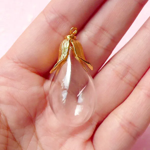 Tear Drop Glass Bubble / Glass Globe (30mm x 18mm) w/ Gold Plated Flower / Leaf Cover (1 Set) DIY Pendant Charm Miniature Glass Bottle F068