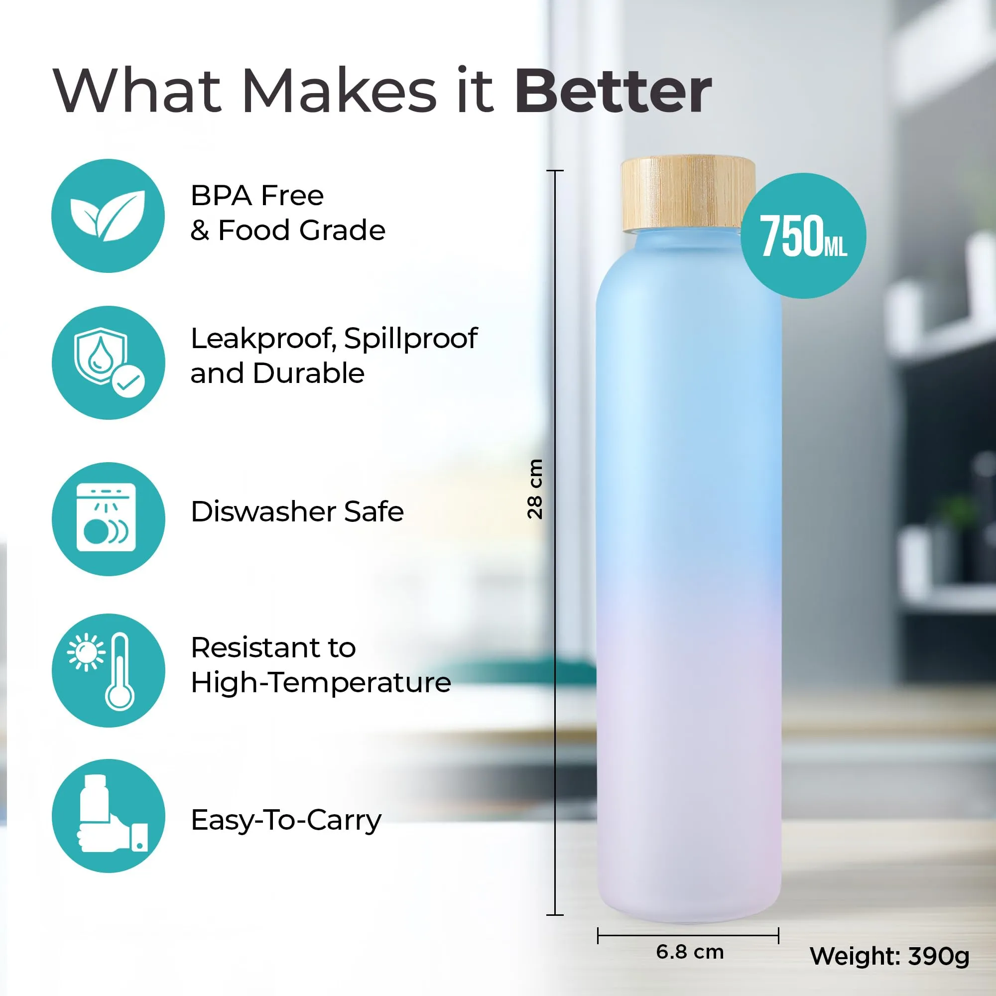 The Better Home Borosilicate Glass Water Bottle with Sleeve (500ml) | Bamboo Lid | Fridge Water Bottles for Men, Women (Blue-Pink)