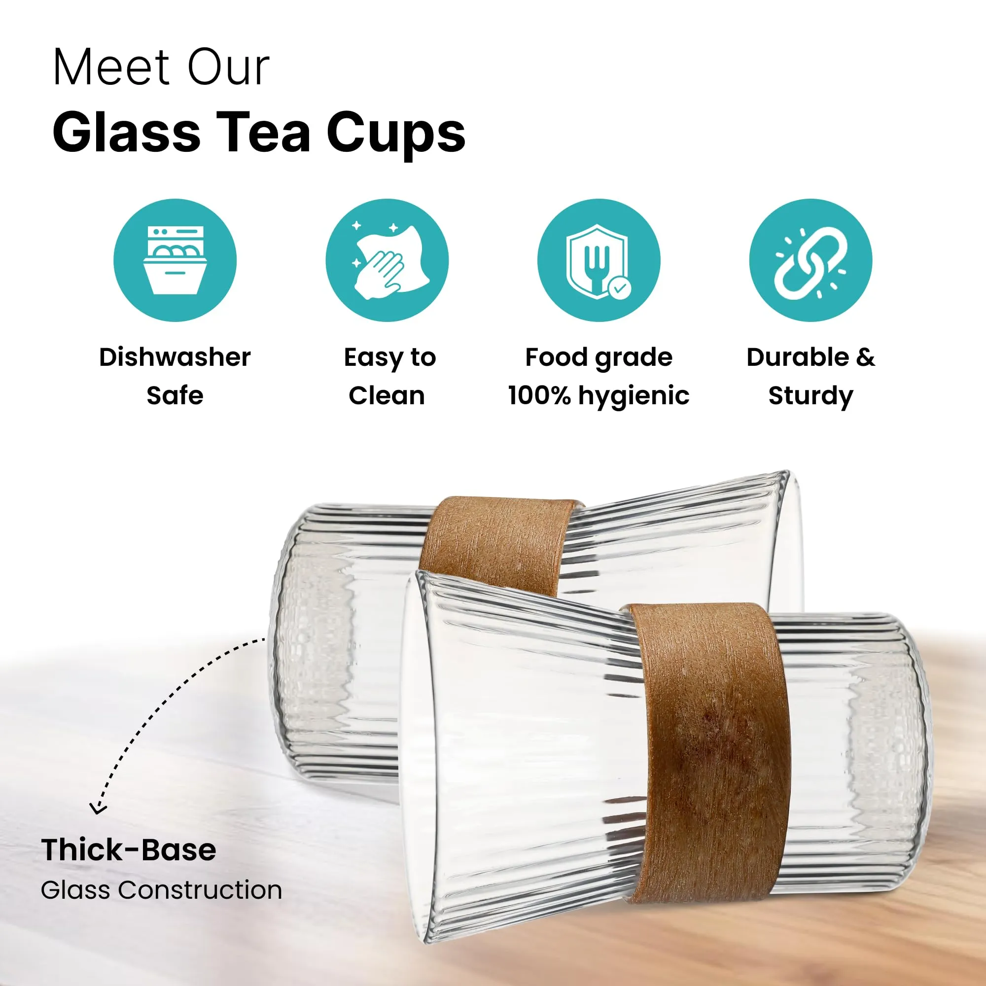 The Better Home Glass Tea Cup (Set of 4-280ml Each) Lead Free Coffee Cup with Bamboo Sleeve Grip | Scratch-Resistance Tea Cup Set| House Warming Gifts for New Home|Return Gifts for Women