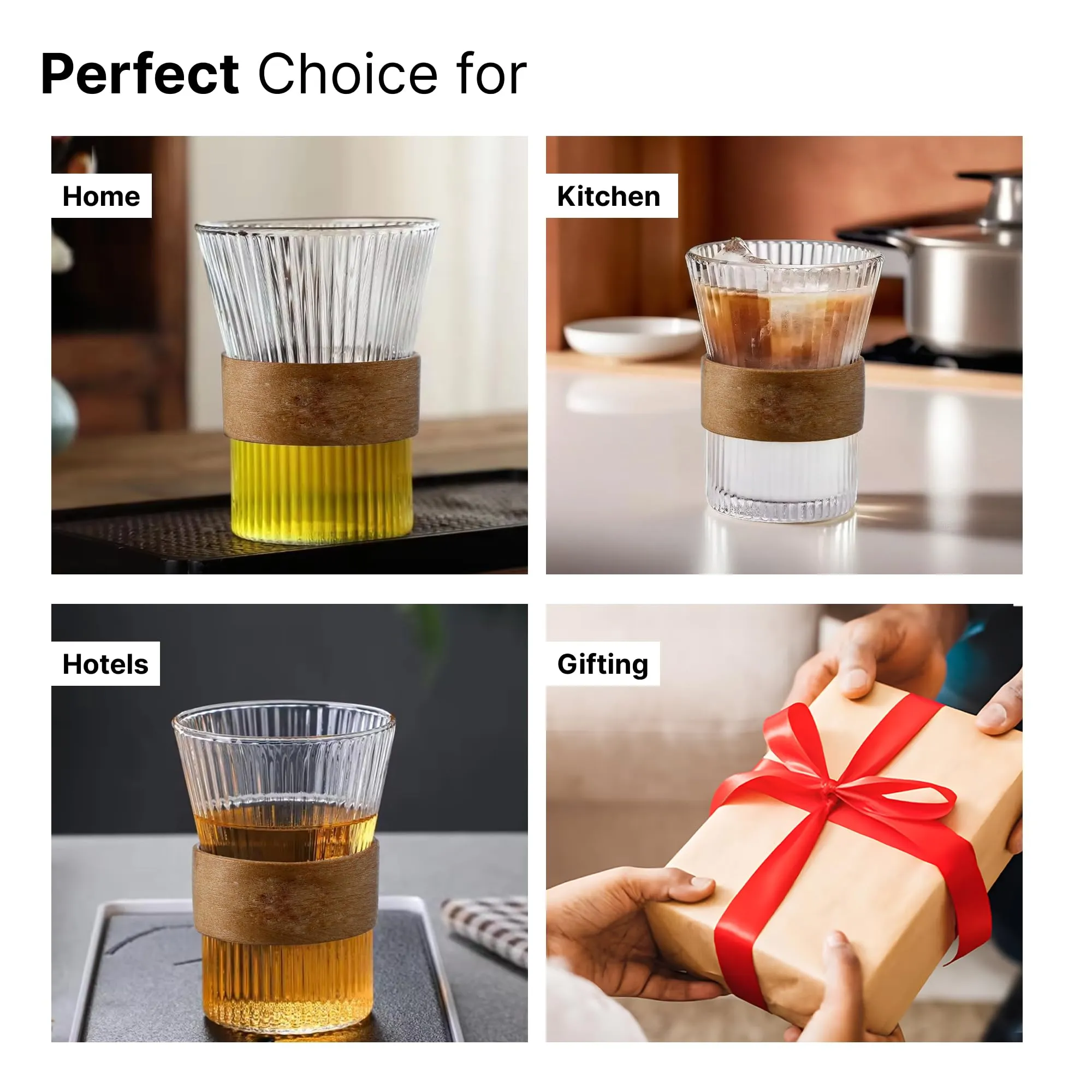 The Better Home Glass Tea Cup (Set of 4-280ml Each) Lead Free Coffee Cup with Bamboo Sleeve Grip | Scratch-Resistance Tea Cup Set| House Warming Gifts for New Home|Return Gifts for Women