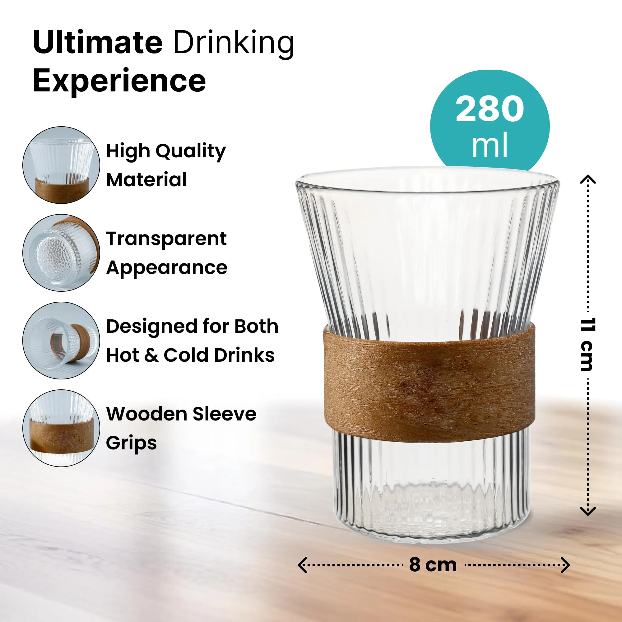 The Better Home Glass Tea Cup (Set of 4-280ml Each) Lead Free Coffee Cup with Bamboo Sleeve Grip | Scratch-Resistance Tea Cup Set| House Warming Gifts for New Home|Return Gifts for Women