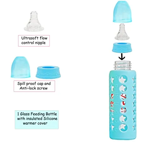 The Little Lookers Silicone Feeding Bib| Silicone Fruit Shape Teether | High Borosilicate Glass Feeding Bottle with Silicone Cover for Babies|Toddler(Pack of 3)