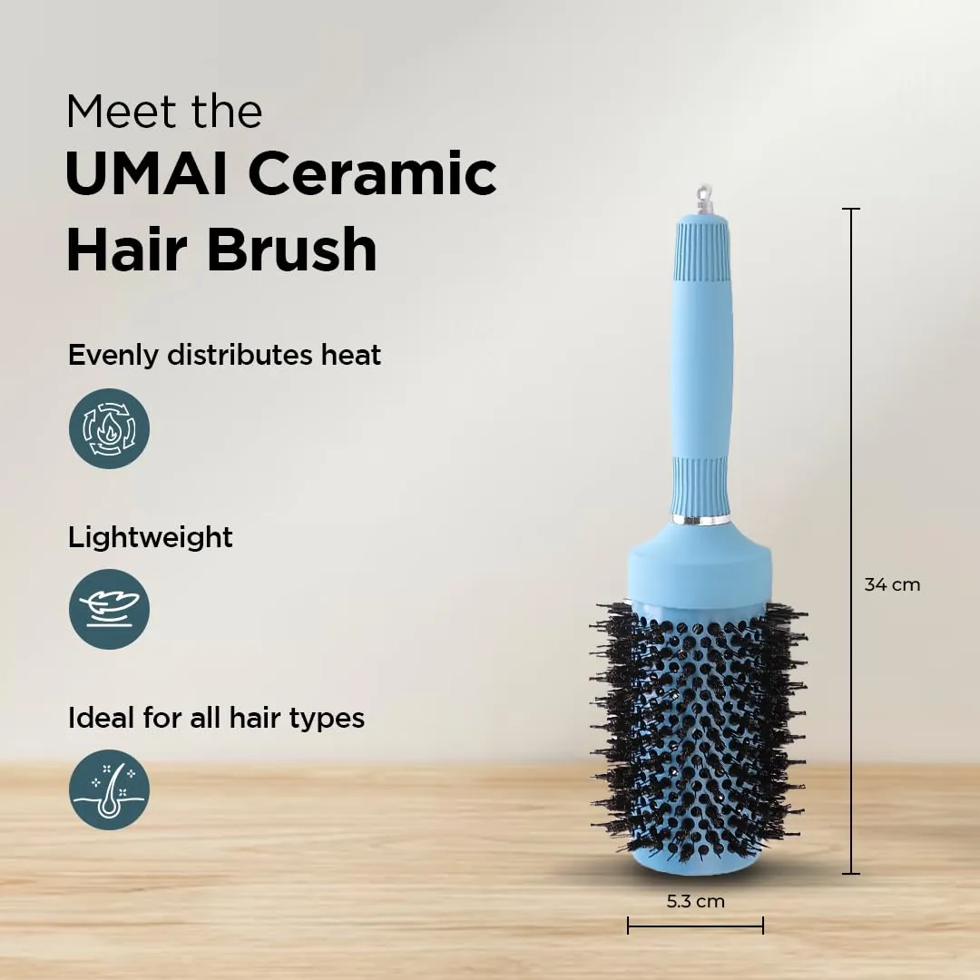 UMAI Hair Brush with Ion-infused Thermal Ceramic Technology, Anti-Static Boar Bristles, Additional Styling Tip, Adds Volume and Shine, Blow Drying, Straightening, Curling Round Brush (53mm & 32mm))