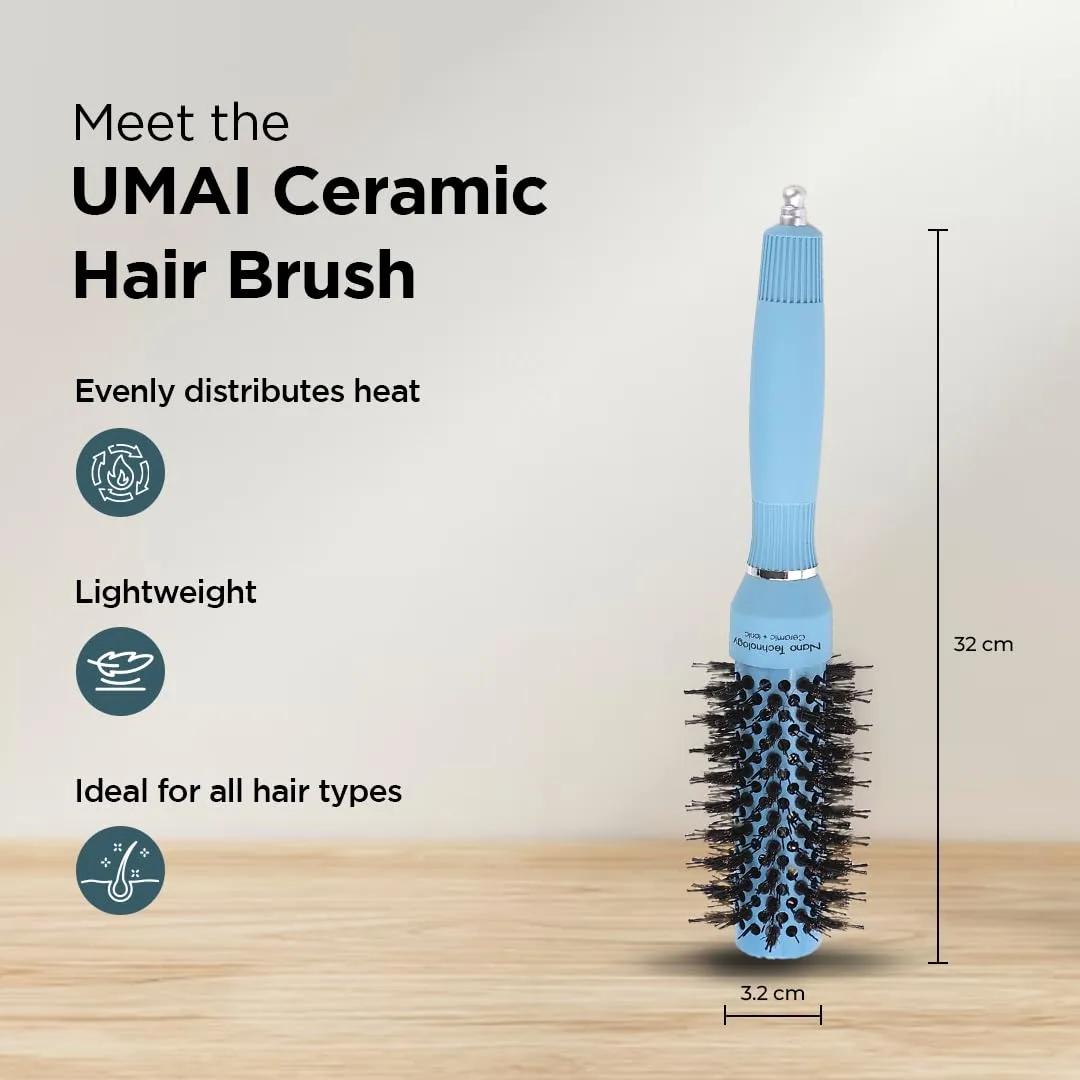 UMAI Hair Brush with Ion-infused Thermal Ceramic Technology, Anti-Static Boar Bristles, Additional Styling Tip, Adds Volume and Shine, Blow Drying, Straightening, Curling Round Brush (53mm & 32mm))