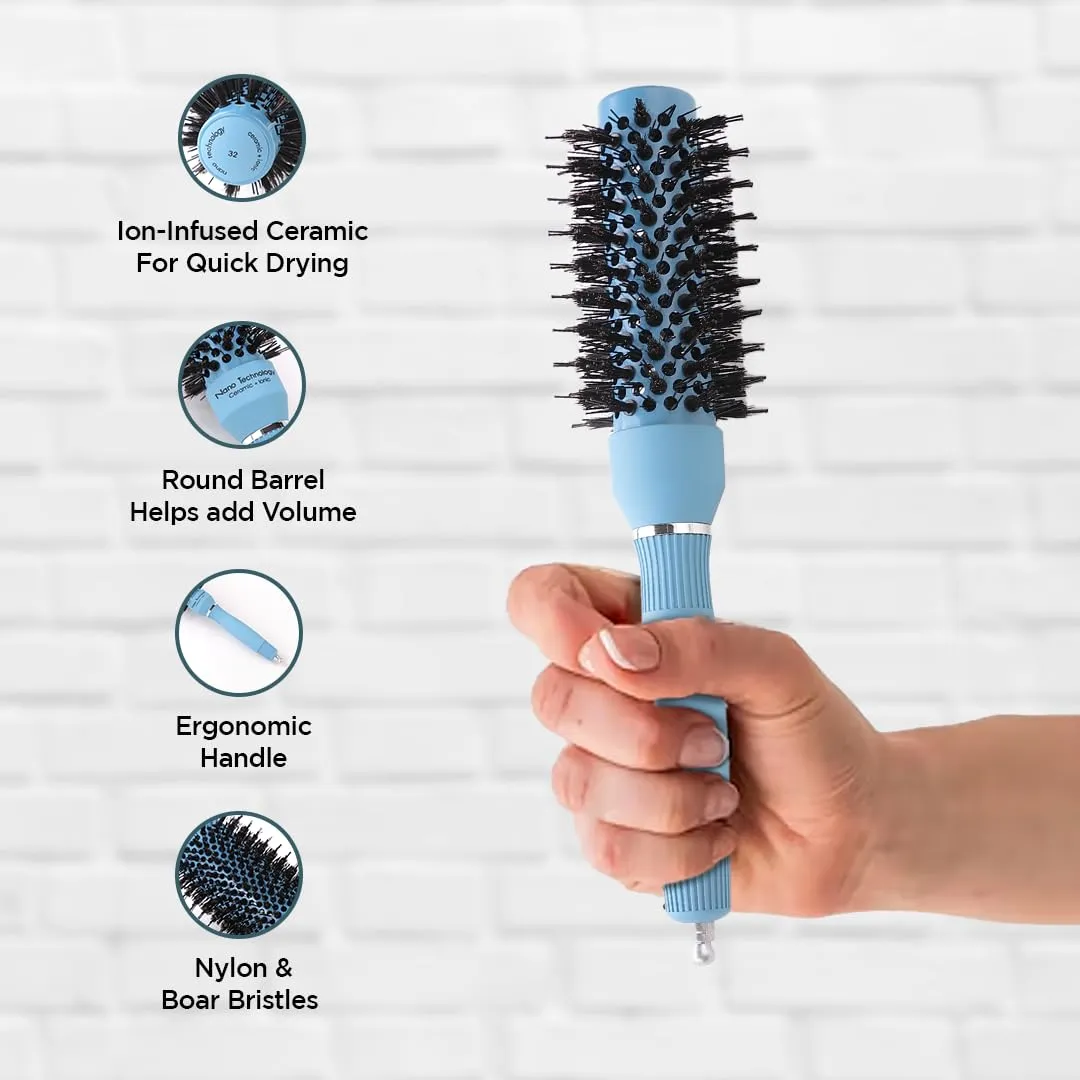 UMAI Hair Brush with Ion-infused Thermal Ceramic Technology, Anti-Static Boar Bristles, Additional Styling Tip, Adds Volume and Shine, Blow Drying, Straightening, Curling Round Brush (53mm & 32mm))