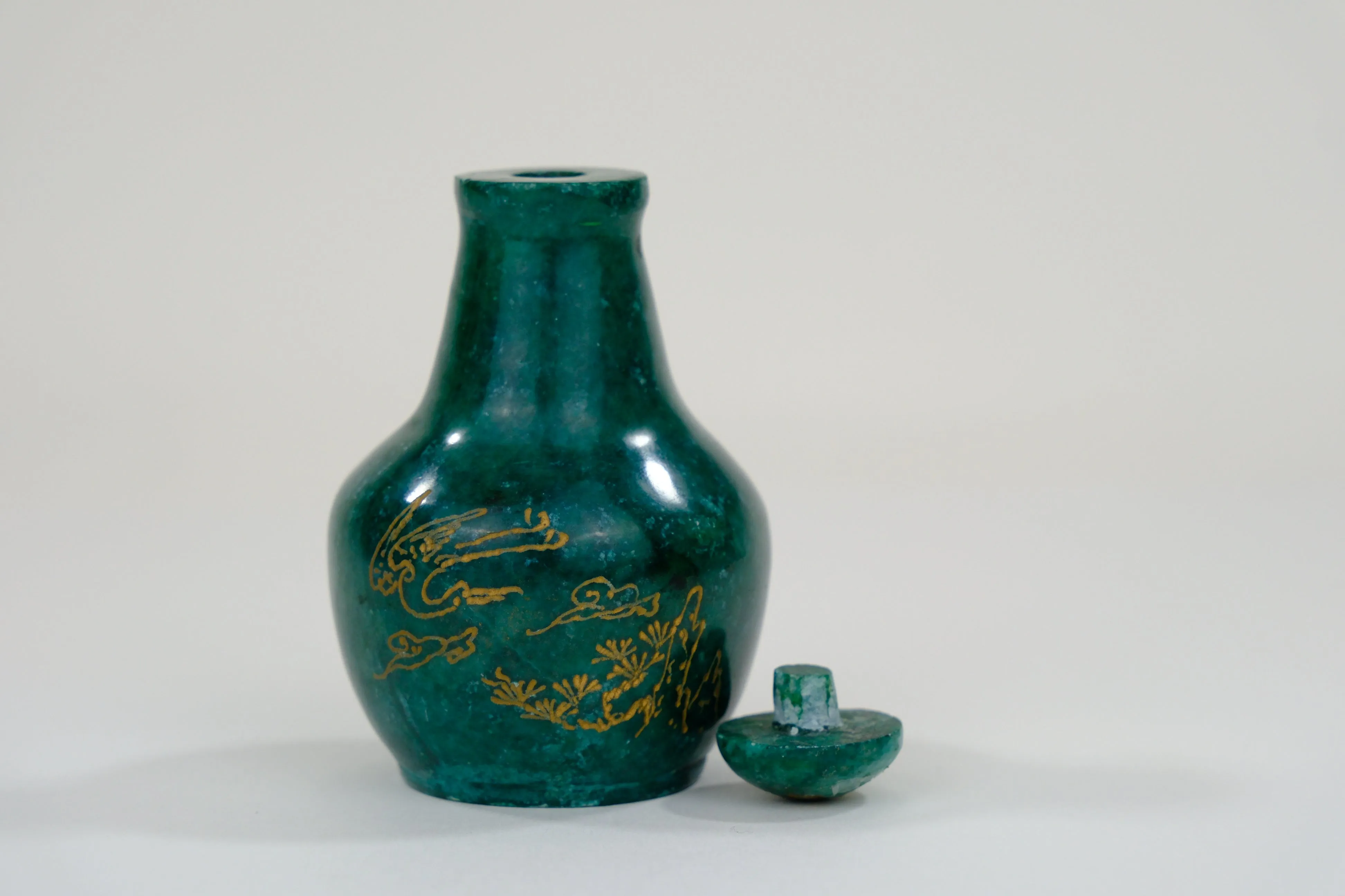 Vintage Chinese Natural Green Stone Snuff Bottle Calligraphy w/Lid 3"