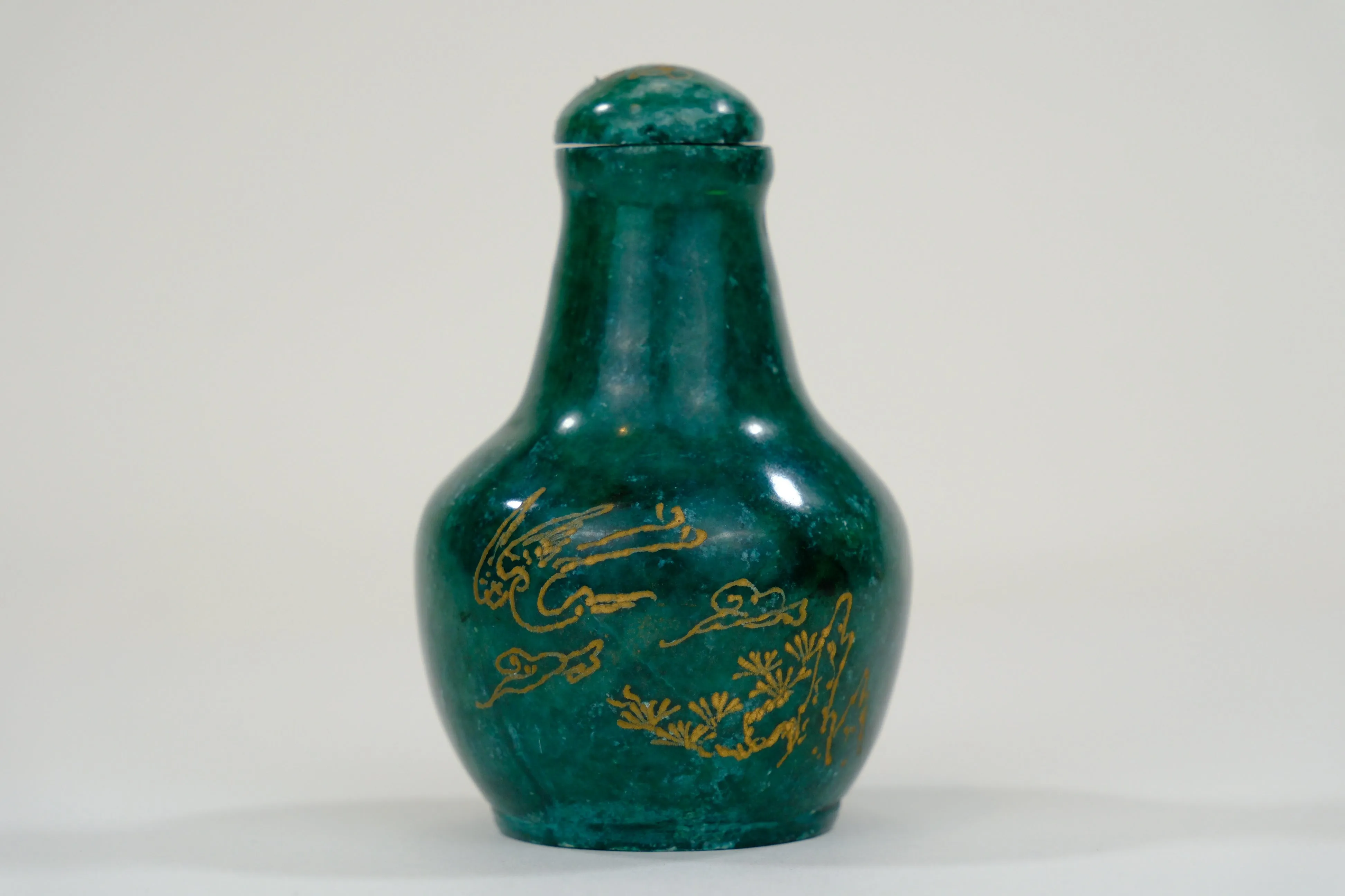 Vintage Chinese Natural Green Stone Snuff Bottle Calligraphy w/Lid 3"