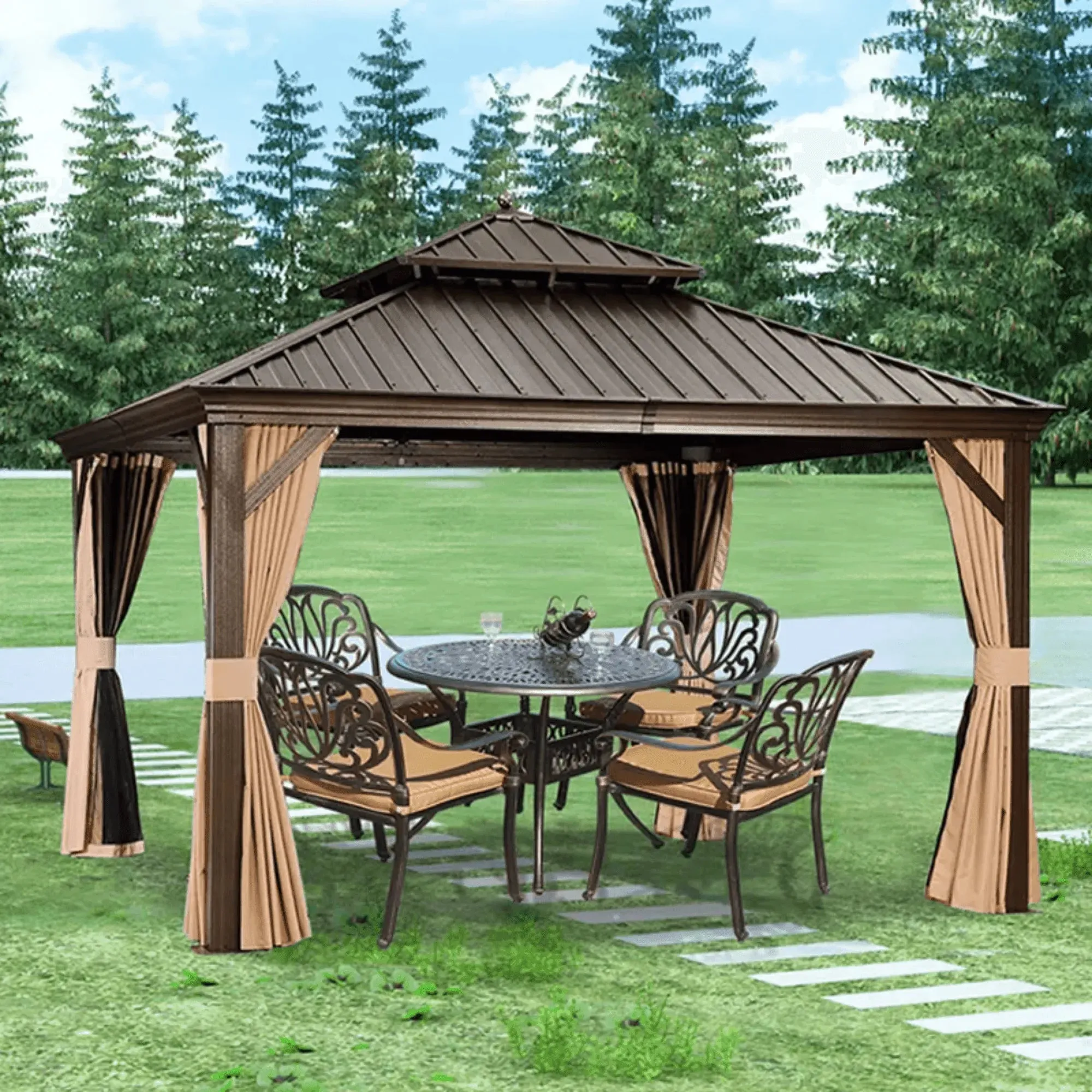 Wooden Twist Extend Waxed Garden Gazebo with Waterproof Curtain and Mosquito Net ( Grey )