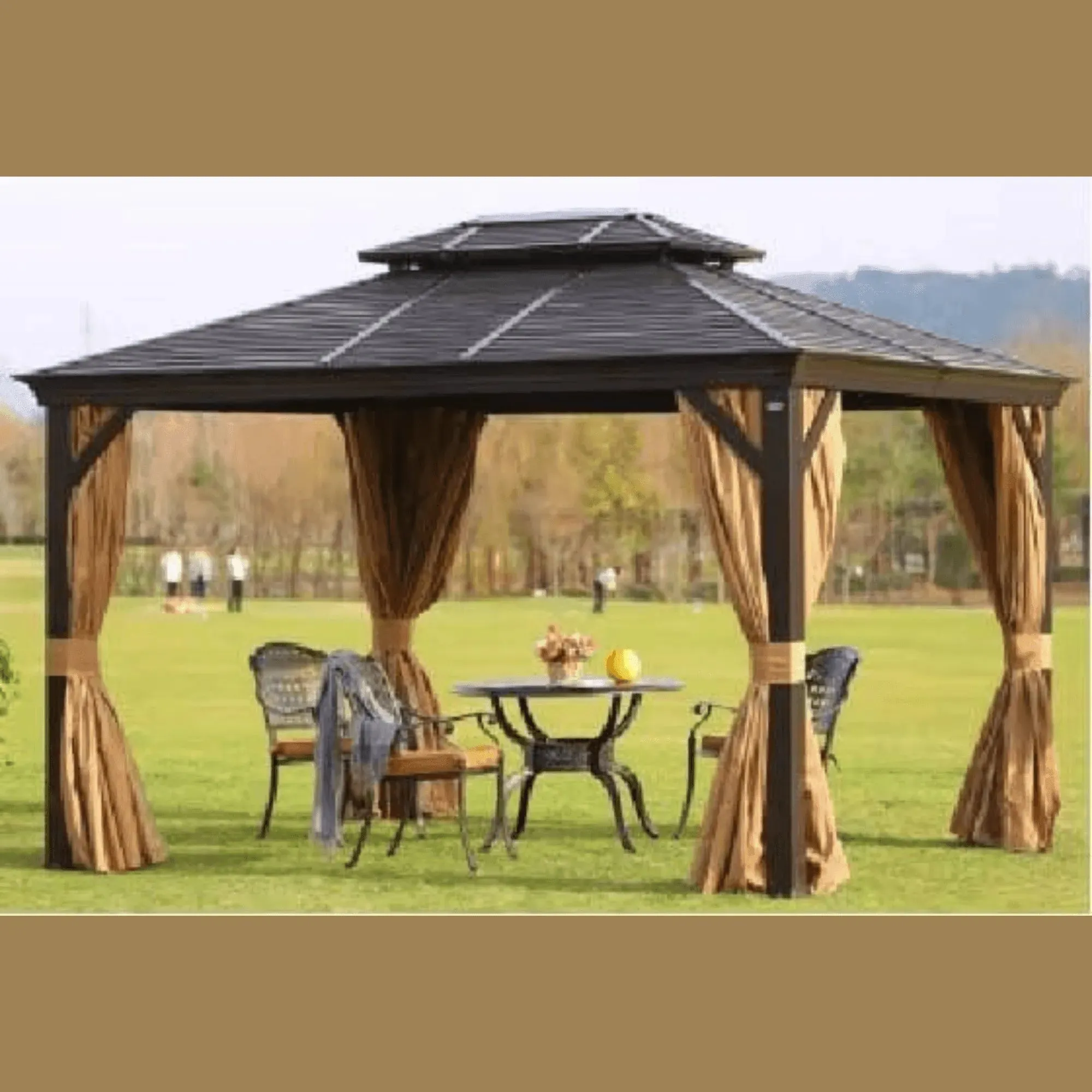 Wooden Twist Waxed Garden Gazebo with Waterproof Curtain and Mosquito Net ( Brown )